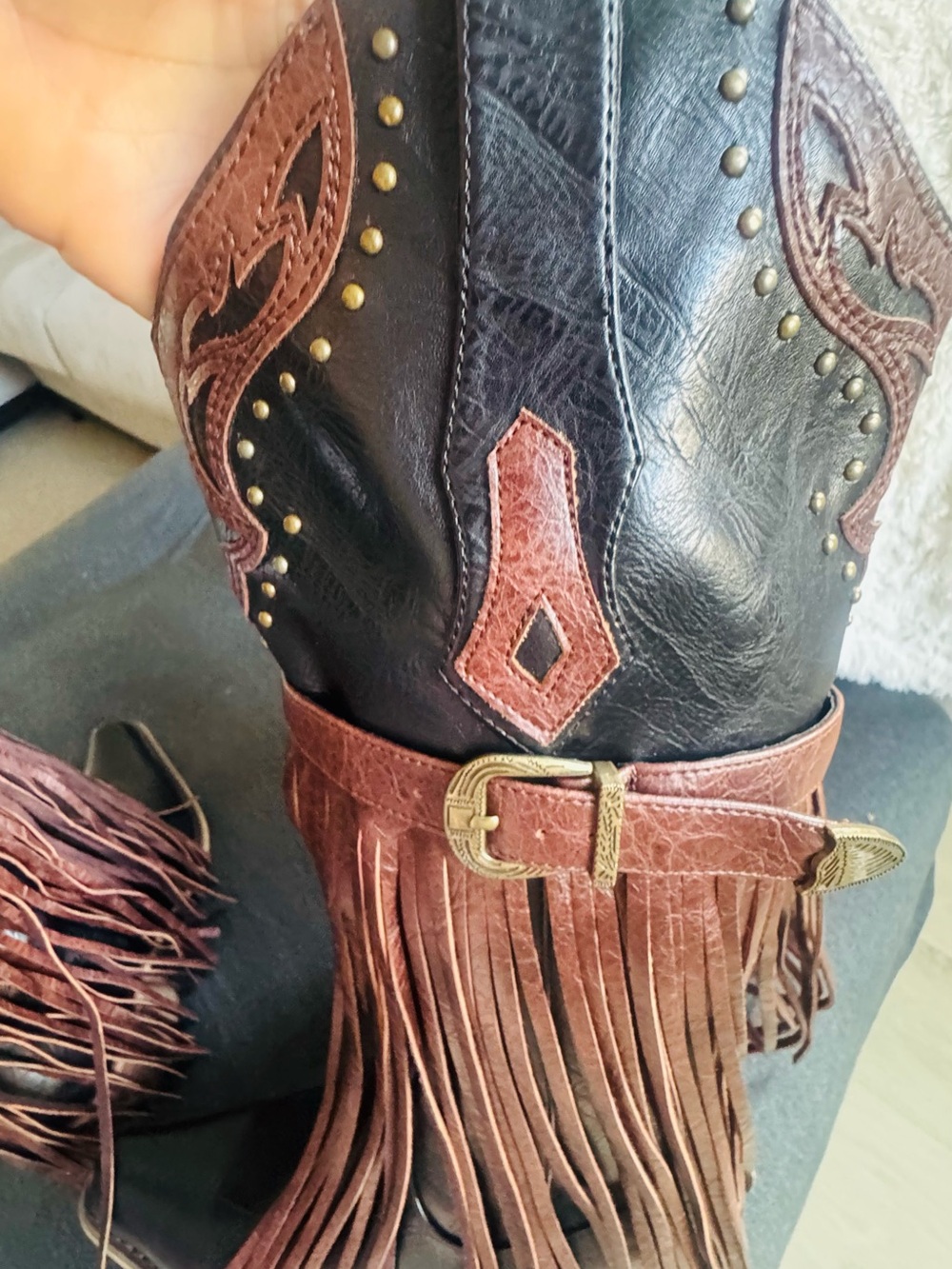 Fringed Leather Boot Cuff - Brown